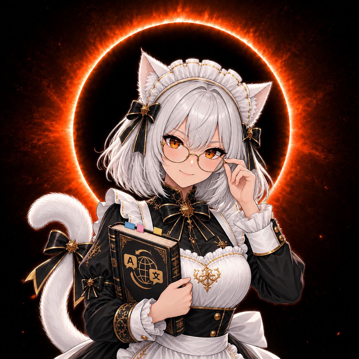 Maid-sama holding a translation book with a fiery black eclipse centred behind her head